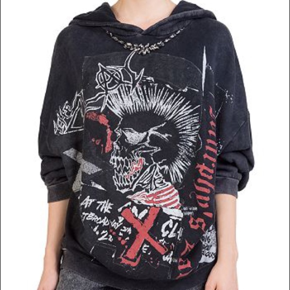 The Kooples Vintage Punk Graphic Sweatshirt Oversize Hoodie Detach Neckl…